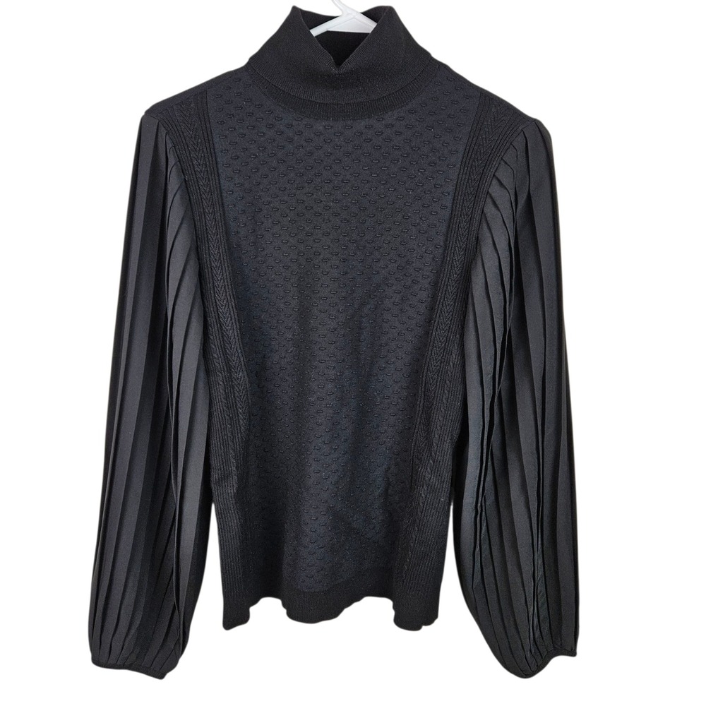White House Black Market Sweater S Black Turtleneck Pleated Sleeve Knit